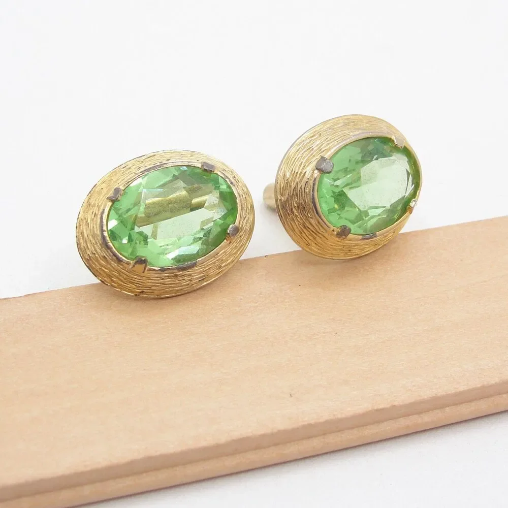 Vintage Swank Green Glass Gold Tone Oval Cufflinks Mens Formal Wedding Groomsmen
